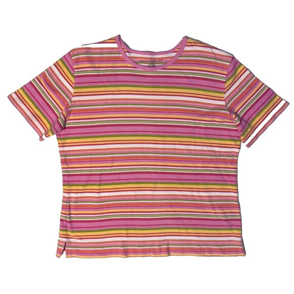 Mountain Lake Womens Pink Multicolor Striped Short Sleeve Y2K Tshirt - L Comfy - Picture 1 of 5
